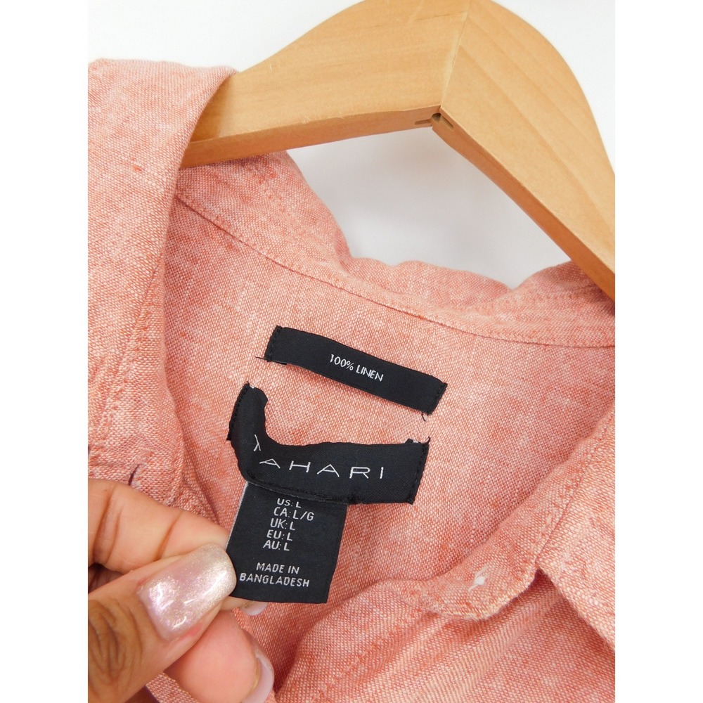 Tahari Womens Coral Pink 100% Linen Button Down Roll Tab Shirt Dress Large - Picture 3 of 5
